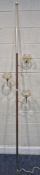 A 20TH CENTURY WOOD AND CHROME TENSION POLE LAMP, with three branches and shades, length 257cm,