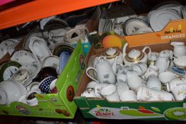 FIVE BOXES AND LOOSE OF MAINLY CERAMIC TABLEWARE to include various part dinner sets and tea sets