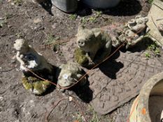 FOUR CONCRETE GARDEN FIGURES including, a pig, a Frog, a Pig in a wheelbarrow, etc tallest, being