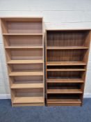 A MID-CENTURY TEAK OPEN BOOKCASE, width 79cm x depth 31cm x height 181cm, along with another