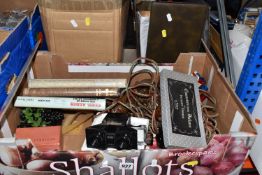 THREE BOXES OF VINTAGE HOUSEHOLD ITEMS to include a box containing 2 Bakelite extension phones, a