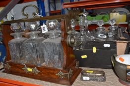 ONE BOX AND LOOSE OF HOUSEHOLD GLASSWARE to include an early 20th century oak tantalus with brass