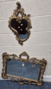 TWO GILT RESIN WALL MIRRORS, with scrolled and foliate details, largest mirror width 86cm x height