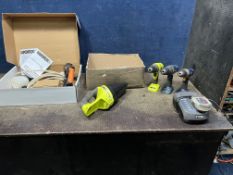 A COLLECTION OF RYOBI AND WORX POWER TOOLS, comprising a HydroShot cordless jetwash with one battery