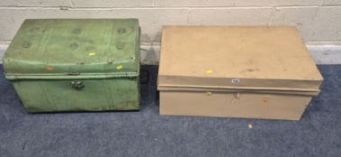 TWO PAINTED METAL TRUNKS, largest width 74cm x depth 44cm x height 30cm, condition report: marks,