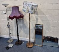FOUR STANDARD LAMPS, varying in shape, size style, material, etc, along with two mirrors,