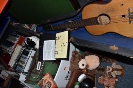 THREE BOXES AND LOOSE MISCELLANEOUS ITEMS, to include a cased child's guitar, a 'Joe Davis Boy