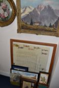 A SMALL QUANTITY OF PICTURES AND PRINTS ETC, to include a indistinctly signed, later 20th century