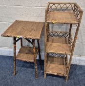 A BAMBOO TWO TIER TABLE, 39cm squared x height 68cm, along with a three tier stand, condition