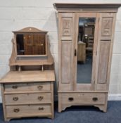 AN EARLY 20TH CENTURY SATINWOOD SINGLE DOOR WARDROBE, with a loose over-hanging cornice, a