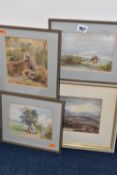 FIVE UNSIGNED 19TH CENTURY PICTURES, comprising a watercolour depicting figures fishing beside a