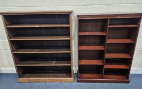 AN OAK OPEN BOOKCASE, with four fixed shelves, width 122cm x depth 35cm x height 145cm, along with a