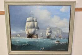 MICHAEL MATTHEWS (1933-1995) FLEET REVIEW, a group of war ships are under sail off the coast, signed