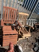 TWO WOODEN GARDEN CHAIRS, both with leg rests (2)