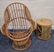 A RATTAN SWIVEL ROCKING CHAIR, width 85cm x depth 86cm x height 106cm, along with a nest of three