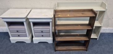 TWO BOOKCASES, largest width 94cm x depth 26cm x height 80cm, along with a pair of bedsides,