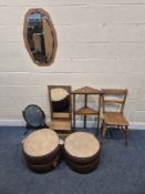A SELECTION OF OCCASIONAL FURNITURE, to include two footstools, a chair, a two tier corner what-not,