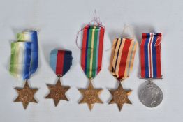 FIVE WORLD WAR II MEDALS, to include an Africa star, a Pacific star, an Atlantic star, a 1939-45