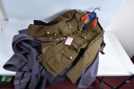 A QUANTITY OF ASSORTED UNIFORM ITEMS, to include a khaki dress jacket with rank pips on each