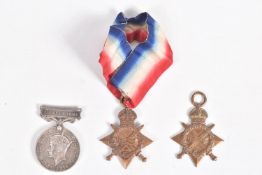 TWO WWI 1914-15 STARS AND A LONG SERVICE AND GOOD CONDUCT MEDAL, the stars are named to 12182