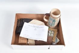 A COLLECTION OF MIXED MILITARIA AND OTHER ITEMS, to include medals, compass, coins, stamps,