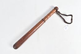 A TURNED WOODEN POLICE TRUNCHEON WITH LEATHER WRIST STRAP, this one features a ribbed handle and a