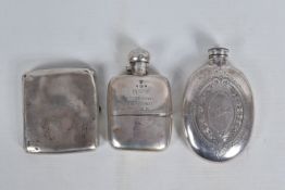 TWO WHITE METAL FLASKS AND A CIGARETTE CASE, the first flask is hallmarked silver in three different