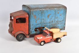 AN UNBOXED TRI-ANG PRESSED STEEL TRANSPORT VAN, No.200, version with red cab and blue van body,