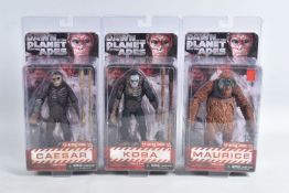 THREE SEALED 2014 NECA REEL TOYS 20TH CENTURY FOX PLANET OF THE APES FIGURES, to include a Caesar,
