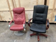 TWO SWIVEL OFFICE CHAIRS, on red faux leather, and one black. Condition report: both with no obvious