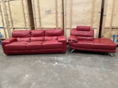 A RED LEATHER THREE SEATER SETTEE, length 245cm x depth 109cm x height 87cm, along with a similar