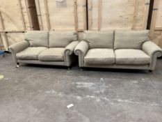 TWO MATCHING TWO SEATER SETTEE'S, on turned legs and brass cup casters, 192cm x depth 96cm x