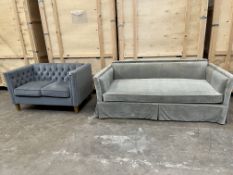 A GREY UPHOLSTERED BOX FRAMED THREE SEATER SETTEE, length 201cm x depth 100cm x height 76cm, along