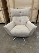 THE LOUNGE CO, A MODEL JACOB MULTICOLOURED HESSIAN UPHOLSTERED SWIVEL ARMCHAIR, on a chrome base,