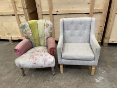A PATCHWORK UPHOLSTERED ARMCHAIR, width 70cm x depth 70cm x height 85cm, along with a grey fabric