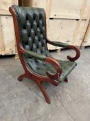 A GREEN BUTTONED LEATHER SLIPPER CHAIR, worth 60cm x depth 70cm x height 102cm, condition report:
