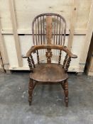 A 19TH CENTURY YEW WOOD AND ELM WINDSOR ARMCHAIR, the hoop back with spindle and pierced splat, on