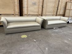 J ROBERT SCOTT, A LARGE PAIR OF GEOMETRIC PATTERNED FABRIC CHESTERFIELD SOFA, with spring foredge,