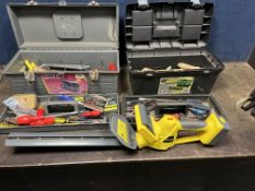 TWO PLASTIC TOOLBOXES CONTAINING TOOLS including a Challenge cordless hedge trimmer with one battery