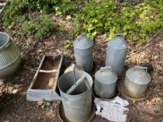 A COLLECTION OF GALVANISED FEED HOPPERS AND A TROUGH, including Eltex hoppers, the tallest height