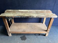 A BESPOKE PINE WORKBENCH with undershelf and a Woden No192 vice fitted, width 153cm, depth 62cm,