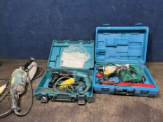THREE 110m VOLT MAKITA POWER TOOLS, comprising a HR25HR rotary hammer drill, a vintage hammer