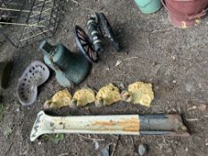 A COLLECTION OF METALWARE, including a vintage railway marker post embossed MR, a cast iron bell,