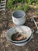 THREE VINTAGE GALVANISED TIN BATHS AND A DOLLY TUB, the longest bath being 62cm, Condition Report: