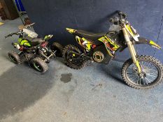 A CHILDS ELECTRIC QUAD BIKE, with power supply and an electric trail bike without charger (both