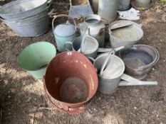 A COLLECTION OF BUCKETS AND WATERING CANS, including 4 galvanised watering cans, a Beldray fire