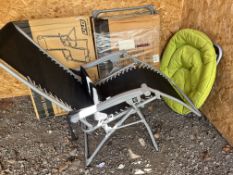 A PAIR OF 'VALENCIA' GARDEN LOUNGERS with original boxes, and a folding 'basket' chair with a padded