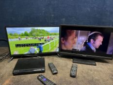 A JVC LT-24CR230 24in SMART TV, with remote, a Panasonic TX-24G310B 24in TV with remote, and a