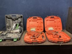 THREE CORDLESS FRAMING AND FINISHING NAILERS BY PLASPLODE AND HITACHI, comprising an IM250 mk2 no