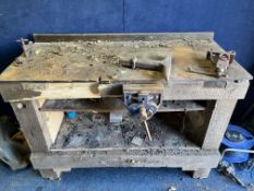 A BESPOKE PINE WORK BENCH WITH A RECORD 52D VICE, a 145 hold down, an anvil dog, a pipe vice, etc,